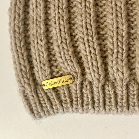 NWOT Calvin Klein beige knit toque winter hat khaki tan woven beanie fall new - Picture 2 of 5